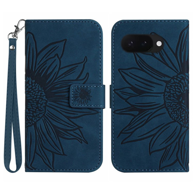 HT04 For Google Pixel 9a Case Sunflower Imprint Leather Wallet Phone Cover with Wrist Strap - Dark Blue