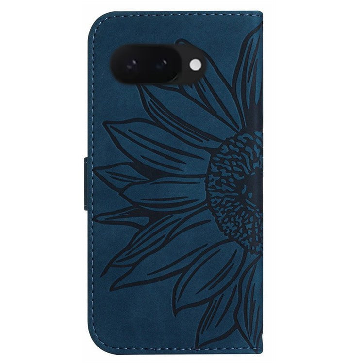 HT04 For Google Pixel 9a Case Sunflower Imprint Leather Wallet Phone Cover with Wrist Strap - Dark Blue