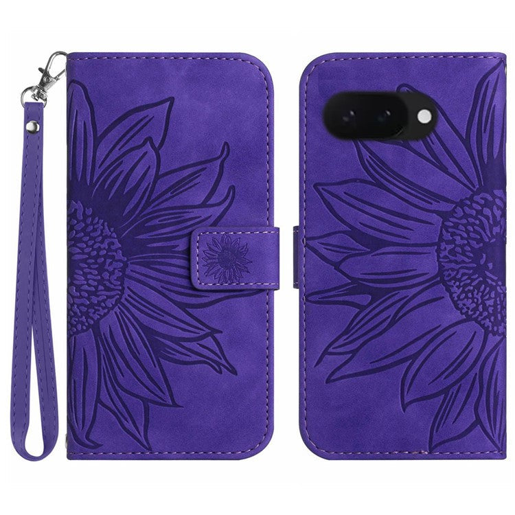 HT04 For Google Pixel 9a Case Sunflower Imprint Leather Wallet Phone Cover with Wrist Strap - Dark Purple