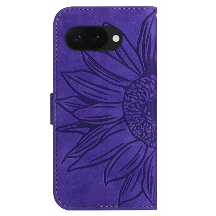 HT04 For Google Pixel 9a Case Sunflower Imprint Leather Wallet Phone Cover with Wrist Strap - Dark Purple