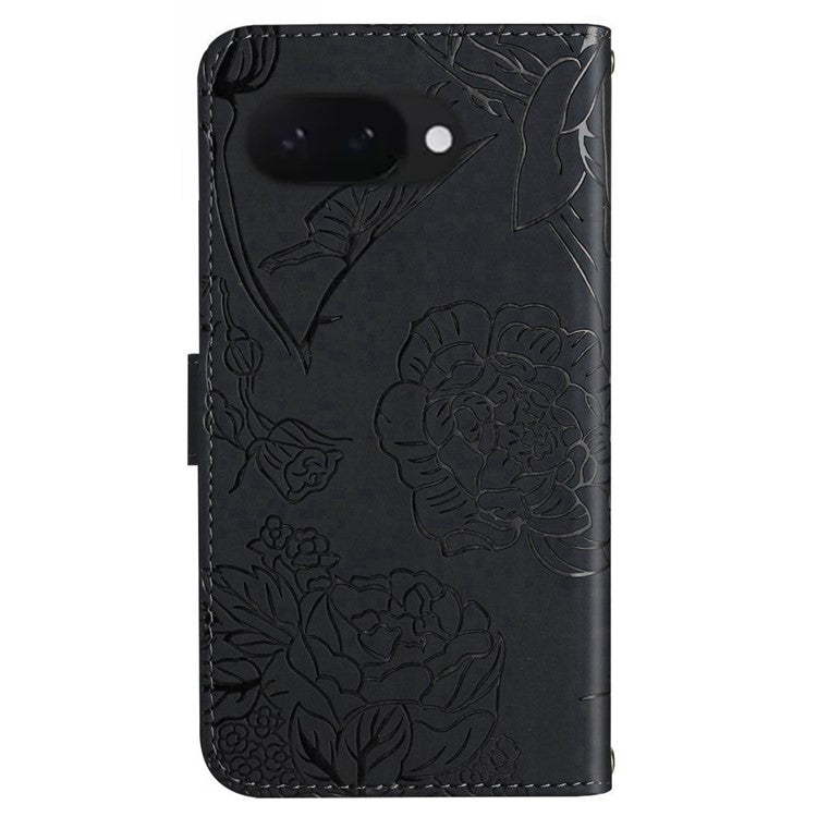 HT03 For Google Pixel 9a Case Butterfly Flower Imprint Leather Phone Cover with Strap - Black