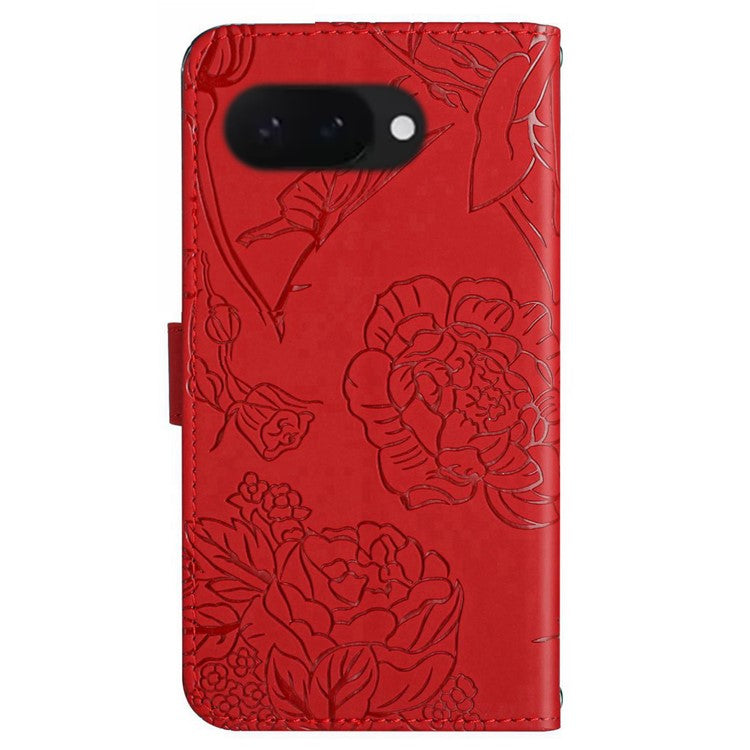 HT03 For Google Pixel 9a Case Butterfly Flower Imprint Leather Phone Cover with Strap - Red