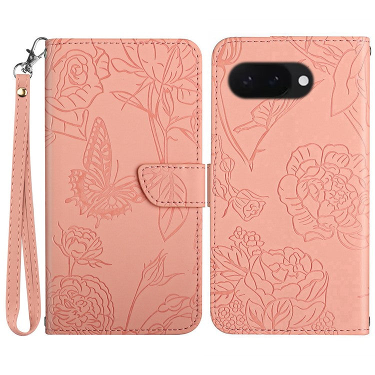HT03 For Google Pixel 9a Case Butterfly Flower Imprint Leather Phone Cover with Strap - Pink