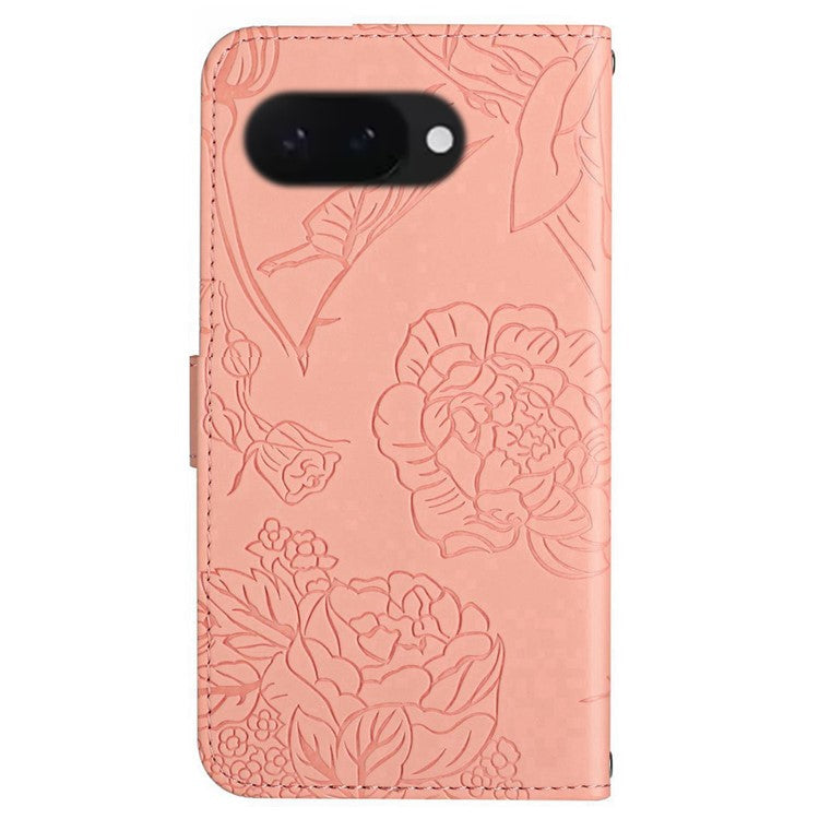 HT03 For Google Pixel 9a Case Butterfly Flower Imprint Leather Phone Cover with Strap - Pink