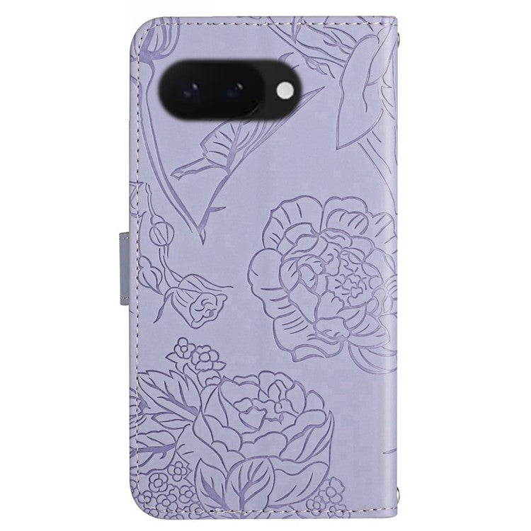 HT03 For Google Pixel 9a Case Butterfly Flower Imprint Leather Phone Cover with Strap - Purple