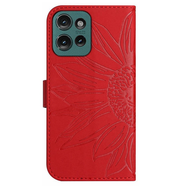 HT04 For Motorola Moto G75 5G Case Sunflower Imprint Leather Wallet Phone Cover with Wrist Strap - Red