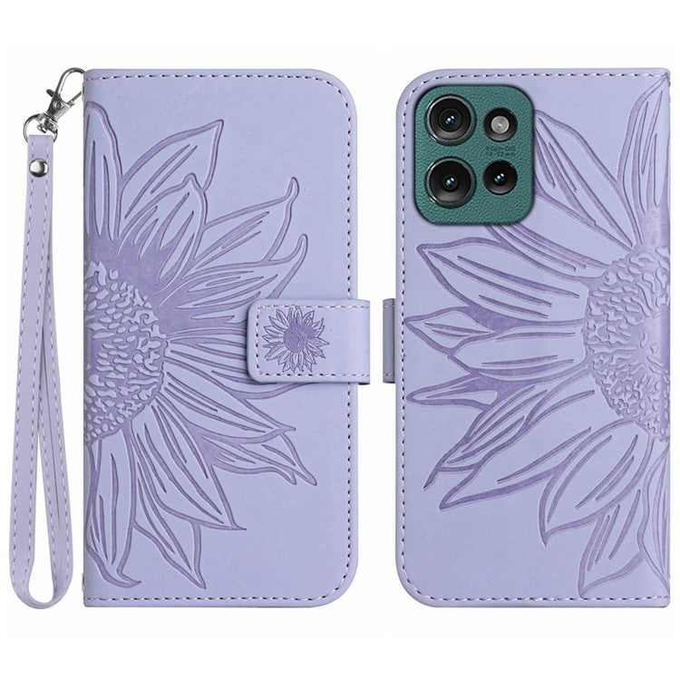 HT04 For Motorola Moto G75 5G Case Sunflower Imprint Leather Wallet Phone Cover with Wrist Strap - Light Purple