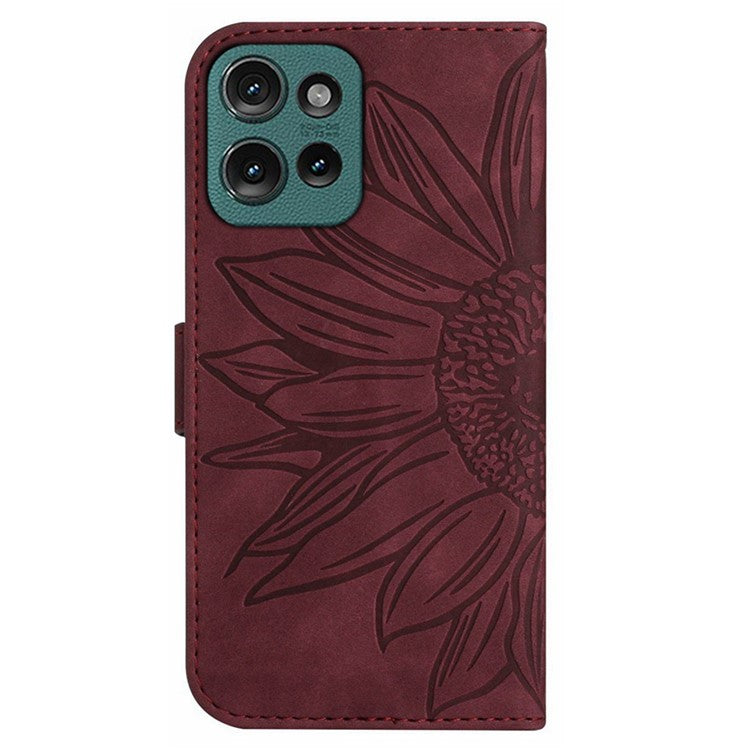 HT04 For Motorola Moto G75 5G Case Sunflower Imprint Leather Wallet Phone Cover with Wrist Strap - Wine Red