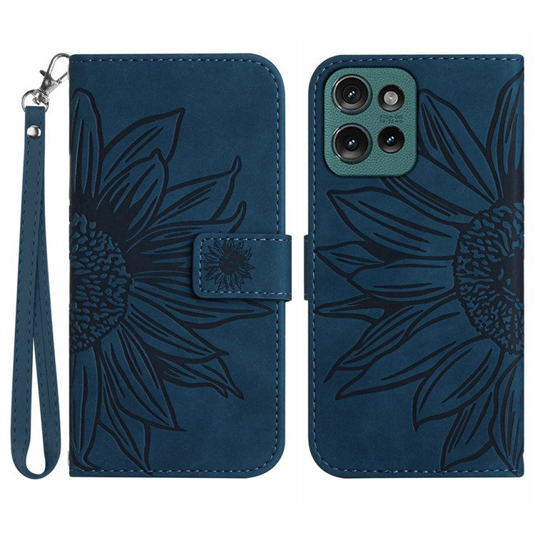 HT04 For Motorola Moto G75 5G Case Sunflower Imprint Leather Wallet Phone Cover with Wrist Strap - Dark Blue
