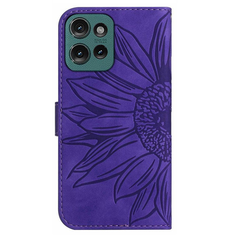 HT04 For Motorola Moto G75 5G Case Sunflower Imprint Leather Wallet Phone Cover with Wrist Strap - Dark Purple