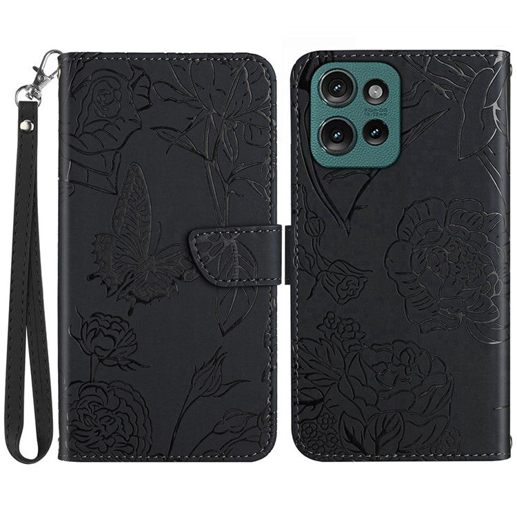 HT03 For Motorola Moto G75 5G Case Butterfly Flower Imprint Leather Phone Cover with Strap - Black