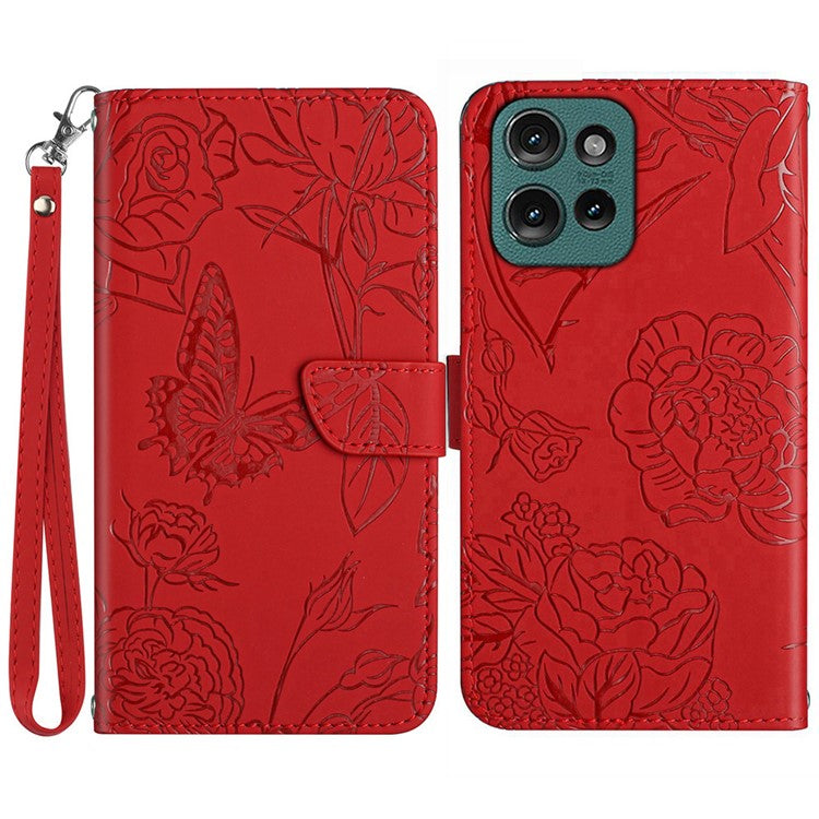 HT03 For Motorola Moto G75 5G Case Butterfly Flower Imprint Leather Phone Cover with Strap - Red