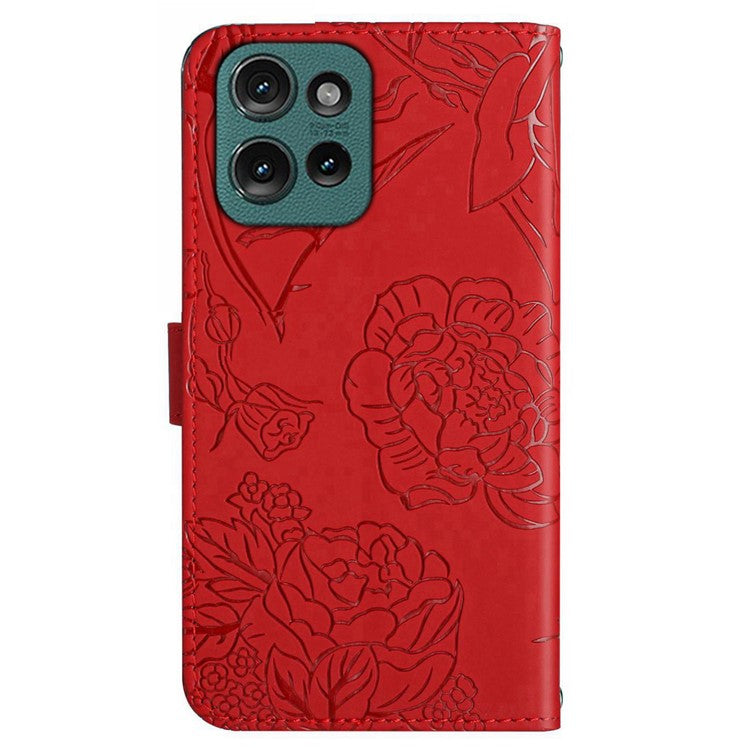 HT03 For Motorola Moto G75 5G Case Butterfly Flower Imprint Leather Phone Cover with Strap - Red