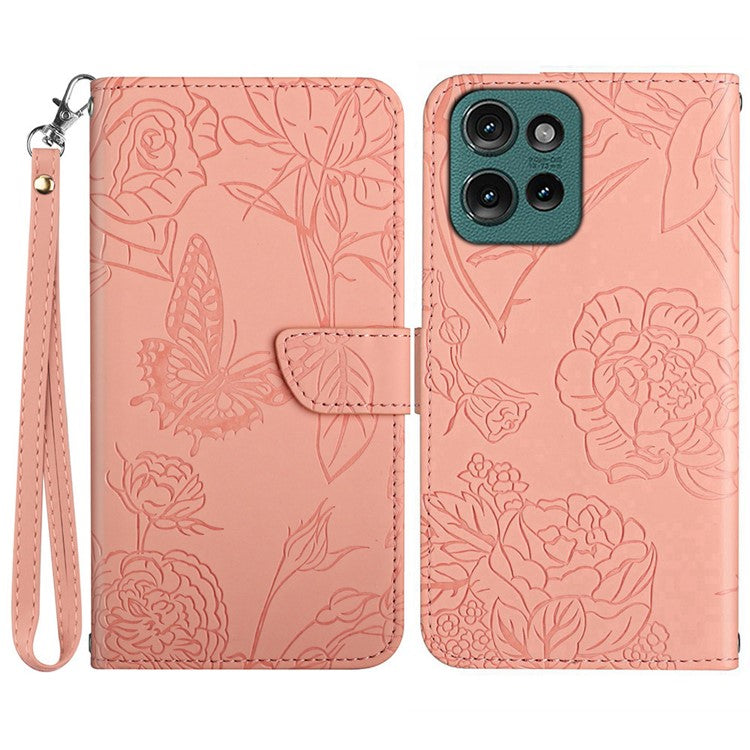 HT03 For Motorola Moto G75 5G Case Butterfly Flower Imprint Leather Phone Cover with Strap - Pink