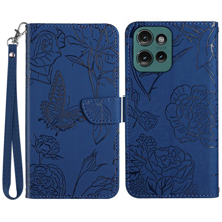 HT03 For Motorola Moto G75 5G Case Butterfly Flower Imprint Leather Phone Cover with Strap - Blue