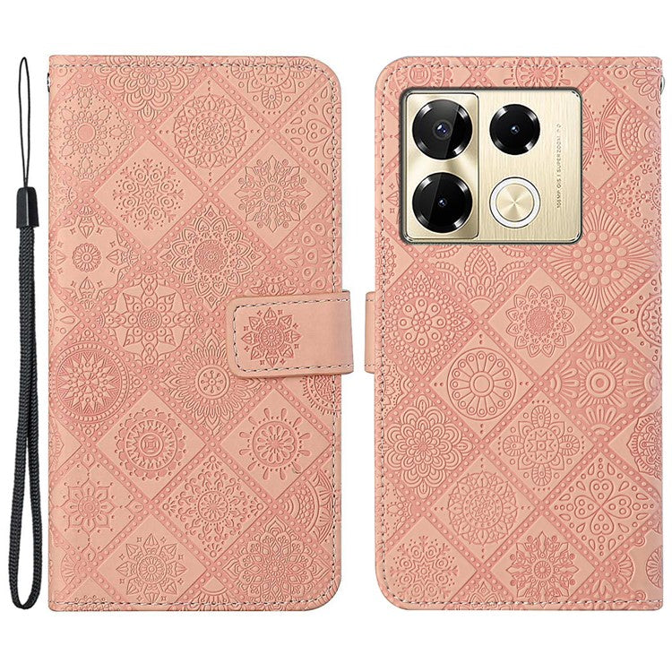 For Infinix Note 40 Pro 4G / 5G / 40 Pro+ Case Leather Case Ethnic Style Wallet Phone Cover with Strap - Pink