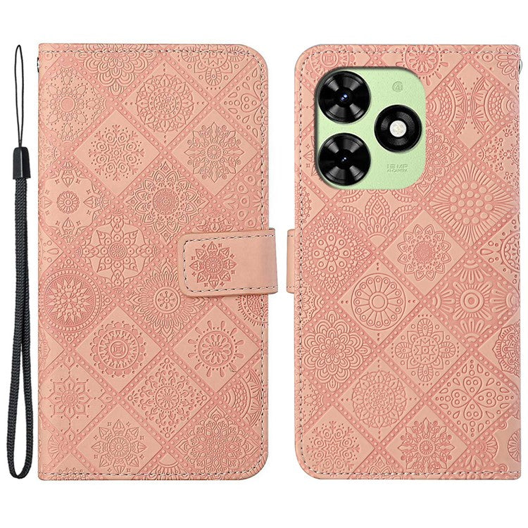 For TECNO Spark Go 2024 4G  /  Spark 20  /  20C  /  Pop 8  /  Infinix Smart 8 4G  /  8 Plus  /  8 Pro 4G Case Leather Case Ethnic Style Wallet Phone Cover with Strap - Pink