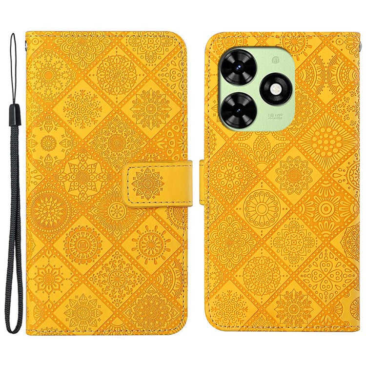 For TECNO Spark Go 2024 4G  /  Spark 20  /  20C  /  Pop 8  /  Infinix Smart 8 4G  /  8 Plus  /  8 Pro 4G Case Leather Case Ethnic Style Wallet Phone Cover with Strap - Yellow