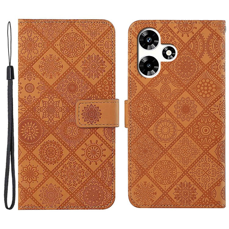 For Infinix Hot 30 Play NFC 4G Case Leather Case Ethnic Style Wallet Phone Cover with Strap - Brown