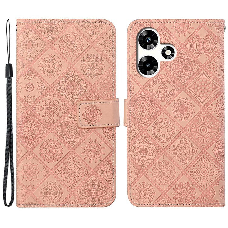 For Infinix Hot 30 Play NFC 4G Case Leather Case Ethnic Style Wallet Phone Cover with Strap - Pink