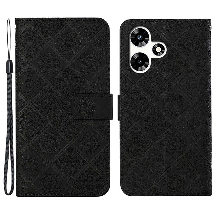 For Infinix Hot 30 Play NFC 4G Case Leather Case Ethnic Style Wallet Phone Cover with Strap - Black