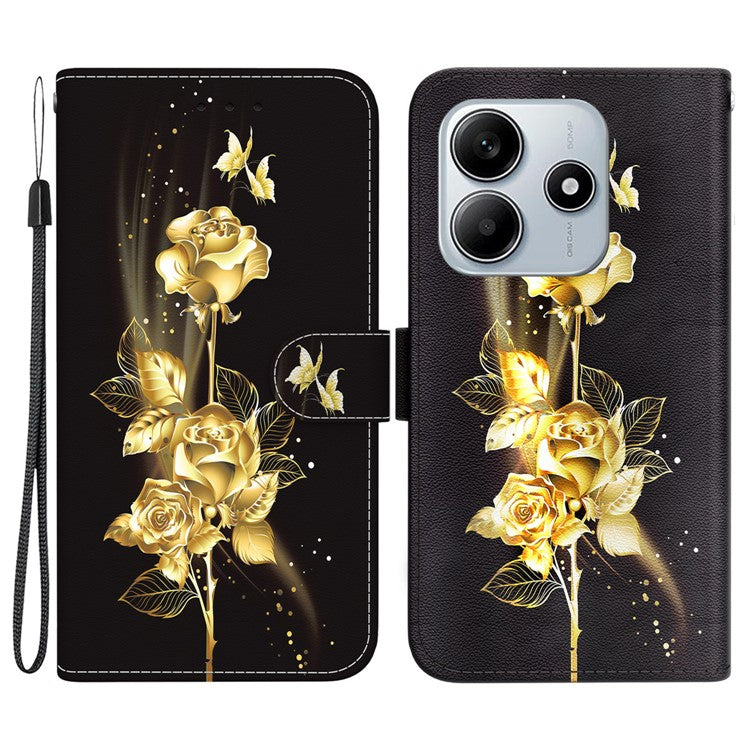 For Xiaomi Redmi Note 14 5G Wallet Phone Case Anti-Drop Leather Flip Cover Pattern Printing - Gold Butterfly Rose