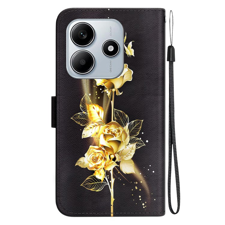 For Xiaomi Redmi Note 14 5G Wallet Phone Case Anti-Drop Leather Flip Cover Pattern Printing - Gold Butterfly Rose