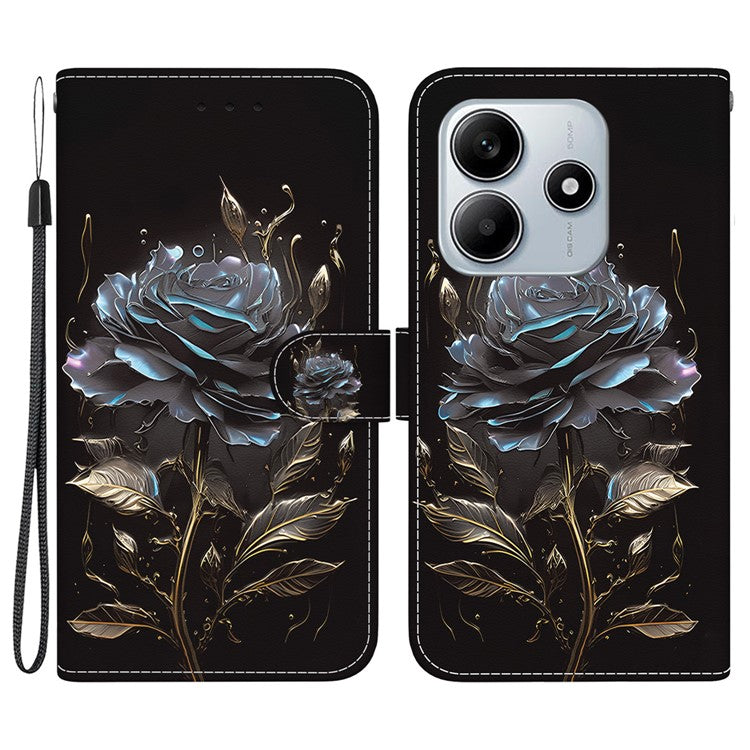 For Xiaomi Redmi Note 14 5G Wallet Phone Case Anti-Drop Leather Flip Cover Pattern Printing - Black Rose