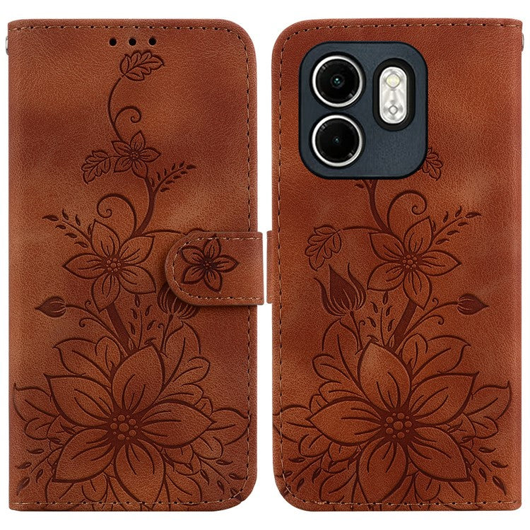 For Infinix Hot 50i 4G / Smart 9 4G Case Lily Flower Imprint Leather Phone Cover with Stand - Brown