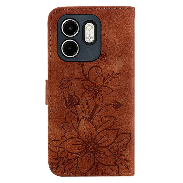 For Infinix Hot 50i 4G / Smart 9 4G Case Lily Flower Imprint Leather Phone Cover with Stand - Brown