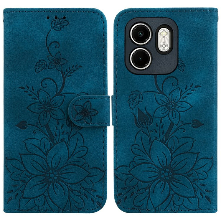 For Infinix Hot 50i 4G / Smart 9 4G Case Lily Flower Imprint Leather Phone Cover with Stand - Dark Blue