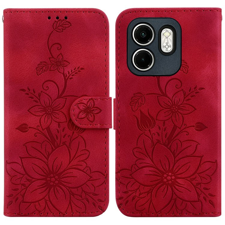 For Infinix Hot 50i 4G / Smart 9 4G Case Lily Flower Imprint Leather Phone Cover with Stand - Red