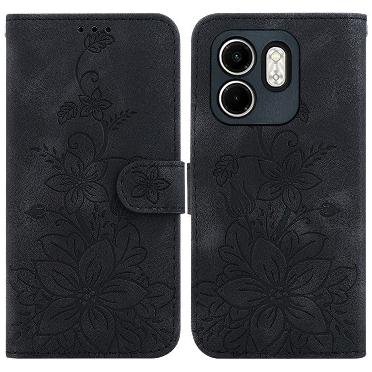 For Infinix Hot 50i 4G / Smart 9 4G Case Lily Flower Imprint Leather Phone Cover with Stand - Black