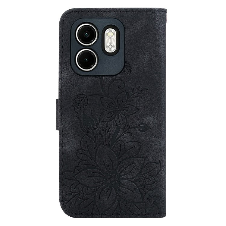 For Infinix Hot 50i 4G / Smart 9 4G Case Lily Flower Imprint Leather Phone Cover with Stand - Black