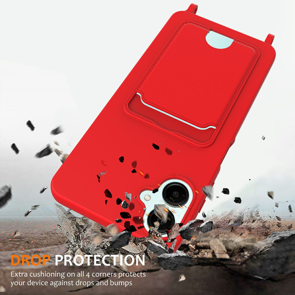 For Samsung Galaxy A06 Case Liquid Silicone Card Holder Phone Back Cover with Lanyard - Red