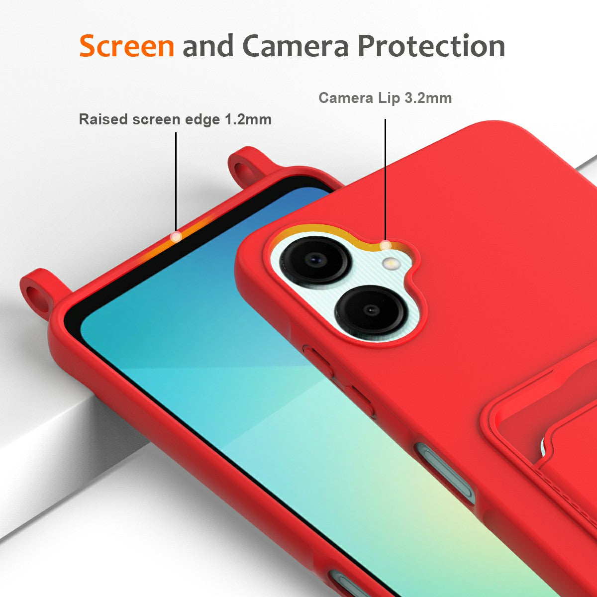 For Samsung Galaxy A06 Case Liquid Silicone Card Holder Phone Back Cover with Lanyard - Red