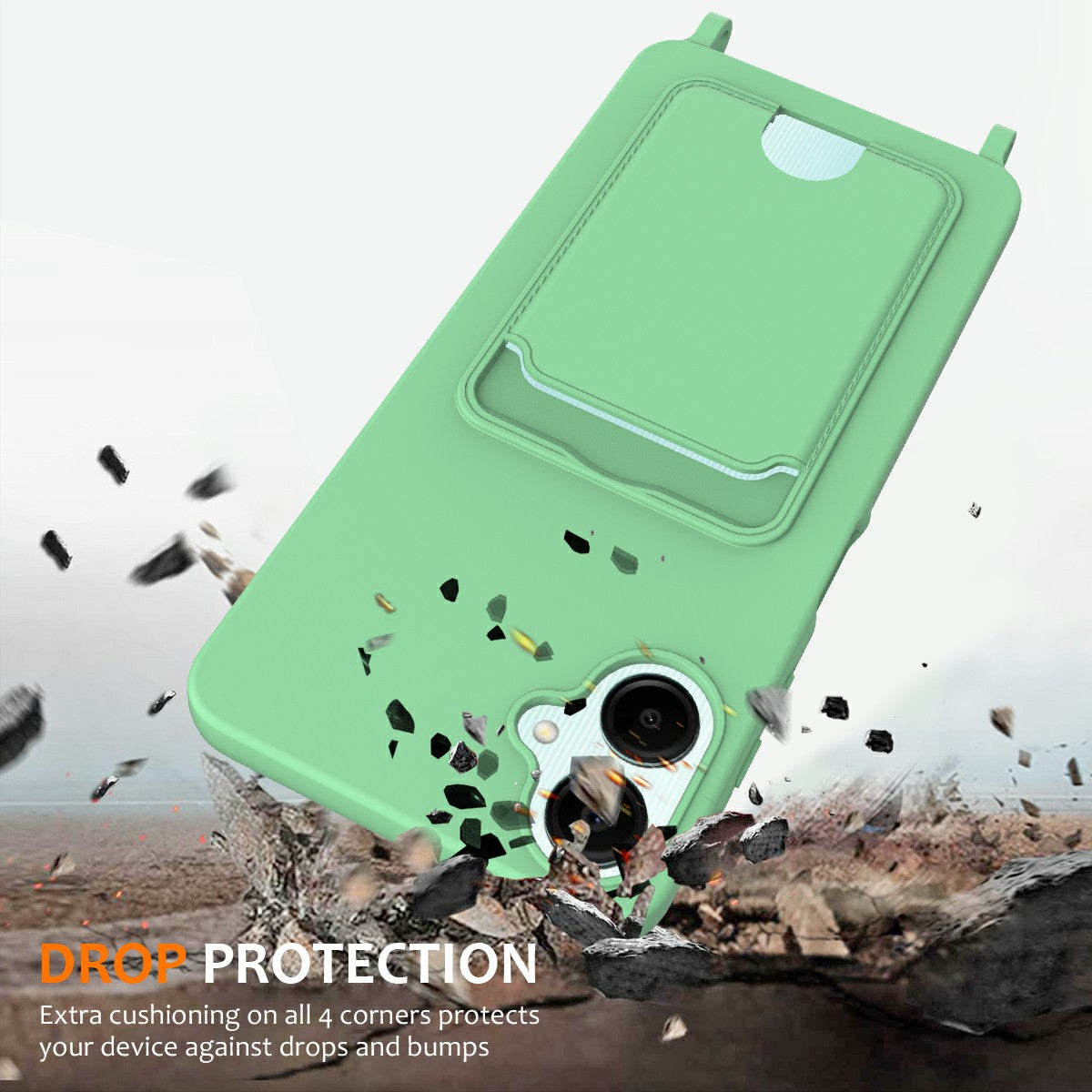 For Samsung Galaxy A06 Case Liquid Silicone Card Holder Phone Back Cover with Lanyard - Green