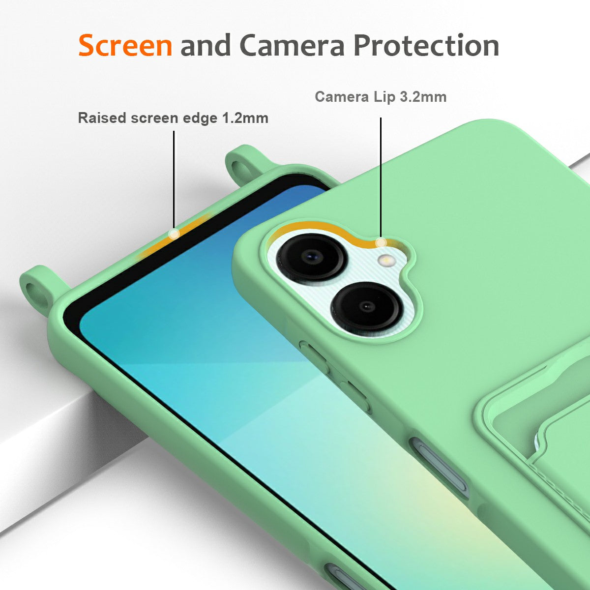 For Samsung Galaxy A06 Case Liquid Silicone Card Holder Phone Back Cover with Lanyard - Green
