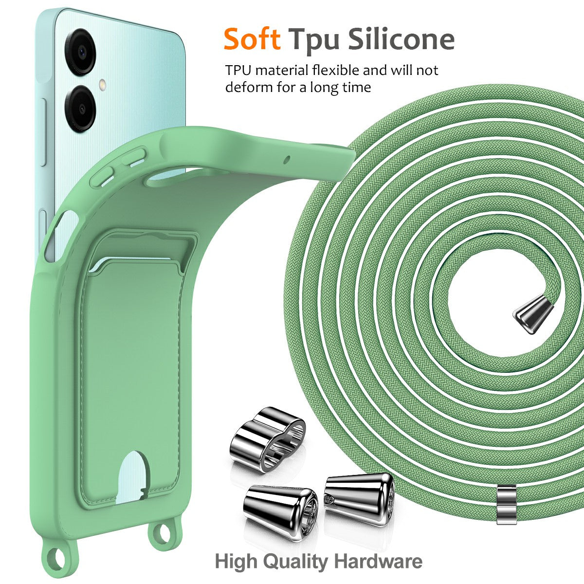 For Samsung Galaxy A06 Case Liquid Silicone Card Holder Phone Back Cover with Lanyard - Green