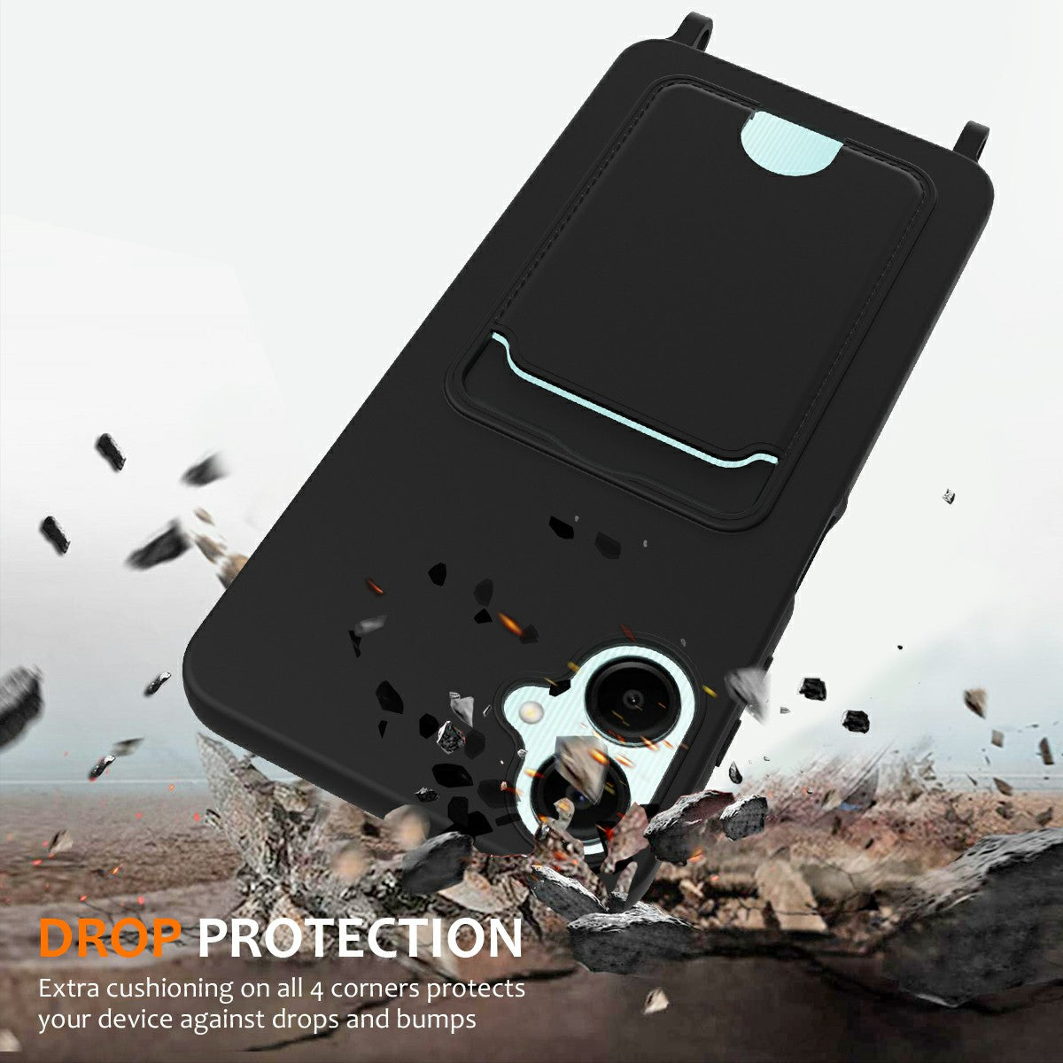 For Samsung Galaxy A06 Case Liquid Silicone Card Holder Phone Back Cover with Lanyard - Black