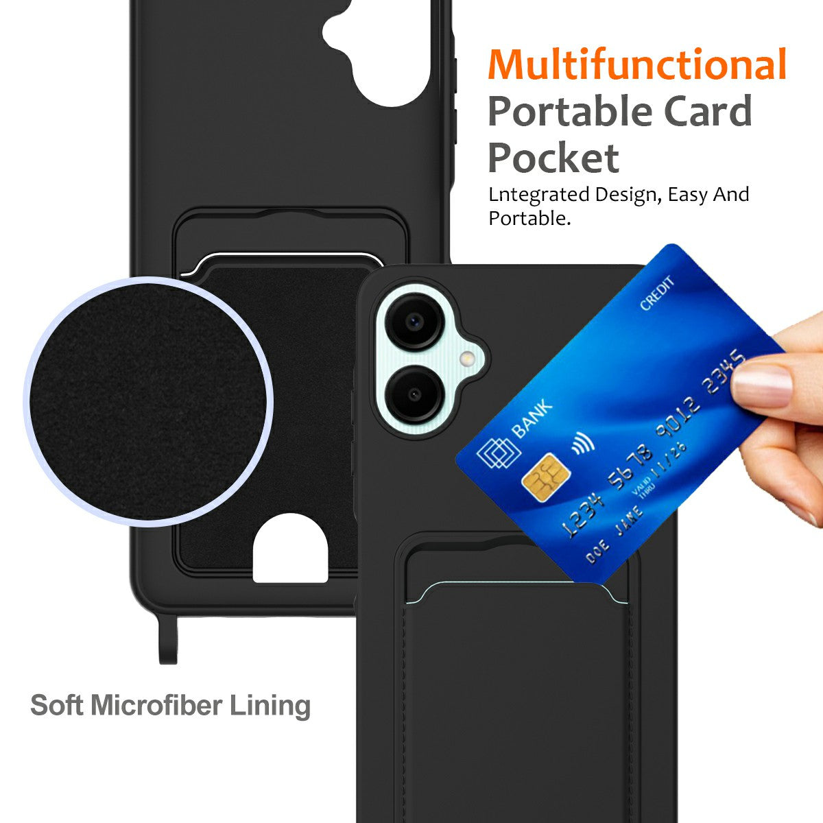 For Samsung Galaxy A06 Case Liquid Silicone Card Holder Phone Back Cover with Lanyard - Black