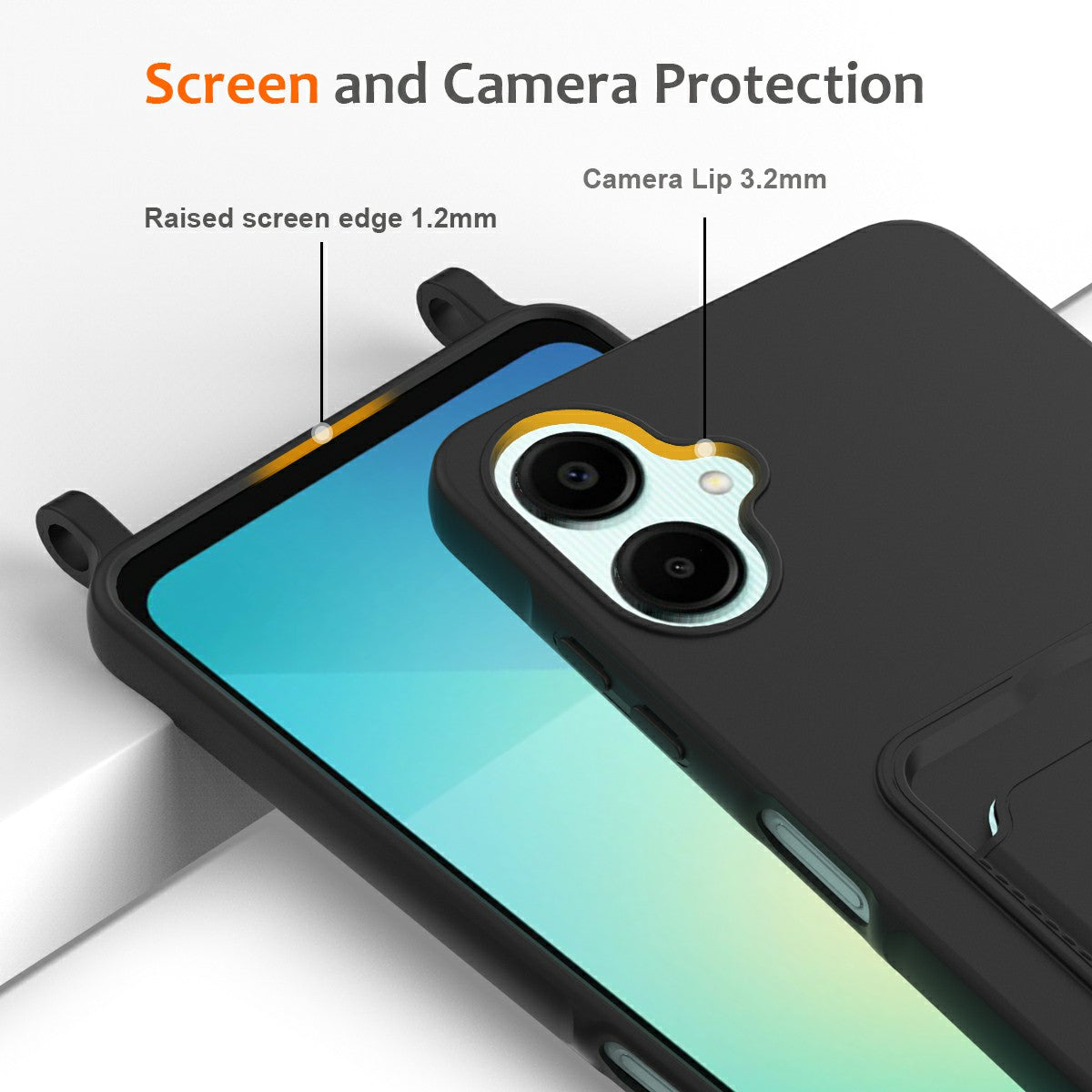For Samsung Galaxy A06 Case Liquid Silicone Card Holder Phone Back Cover with Lanyard - Black