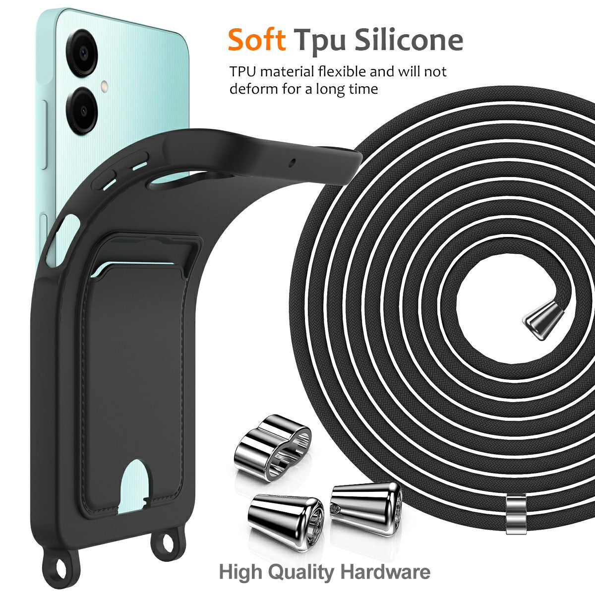 For Samsung Galaxy A06 Case Liquid Silicone Card Holder Phone Back Cover with Lanyard - Black