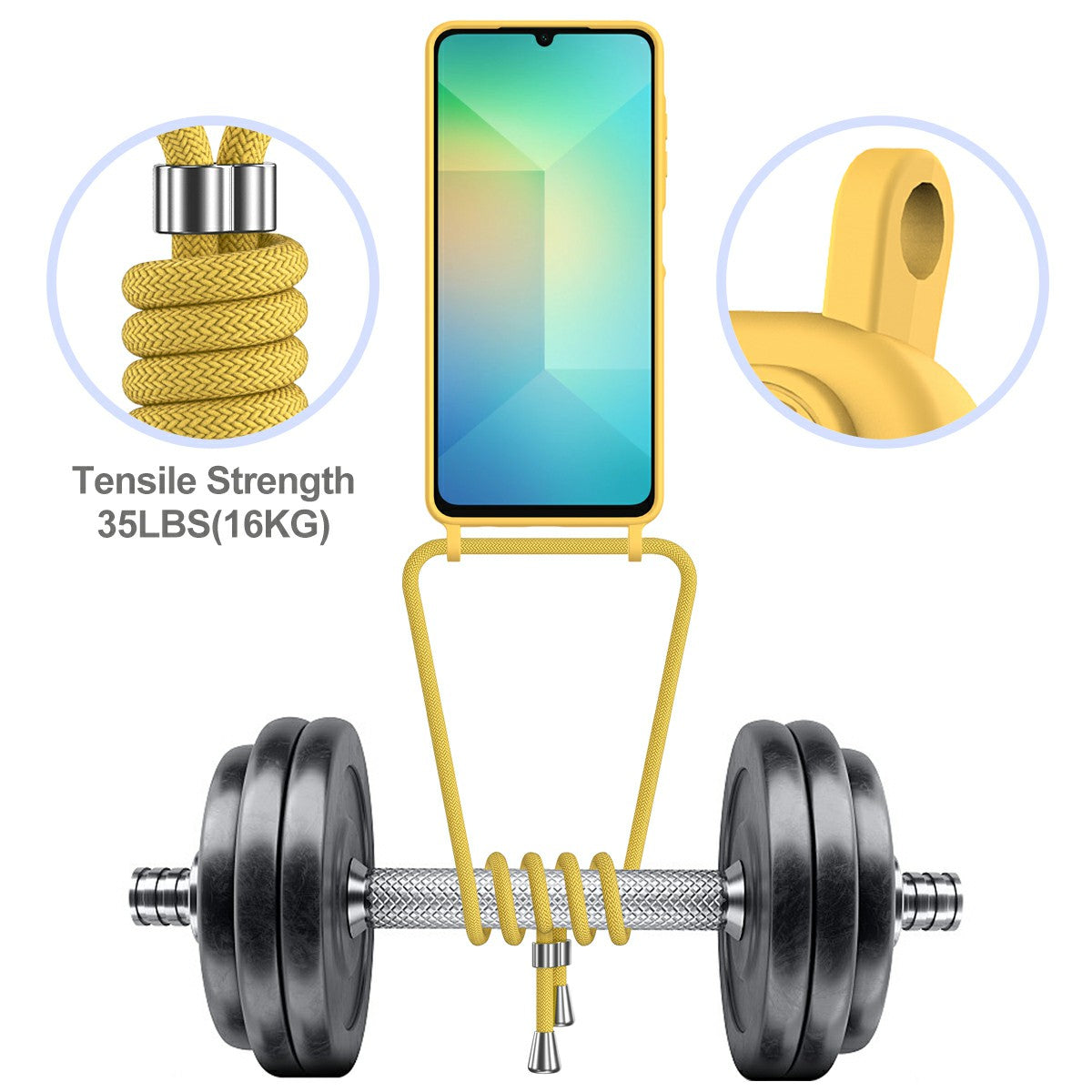 For Samsung Galaxy A06 Case Liquid Silicone Card Holder Phone Back Cover with Lanyard - Yellow