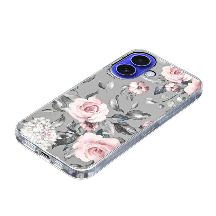 For iPhone 16 Plus Case Pattern Printing Shockproof Soft TPU Phone Cover - Grey Background Flowers
