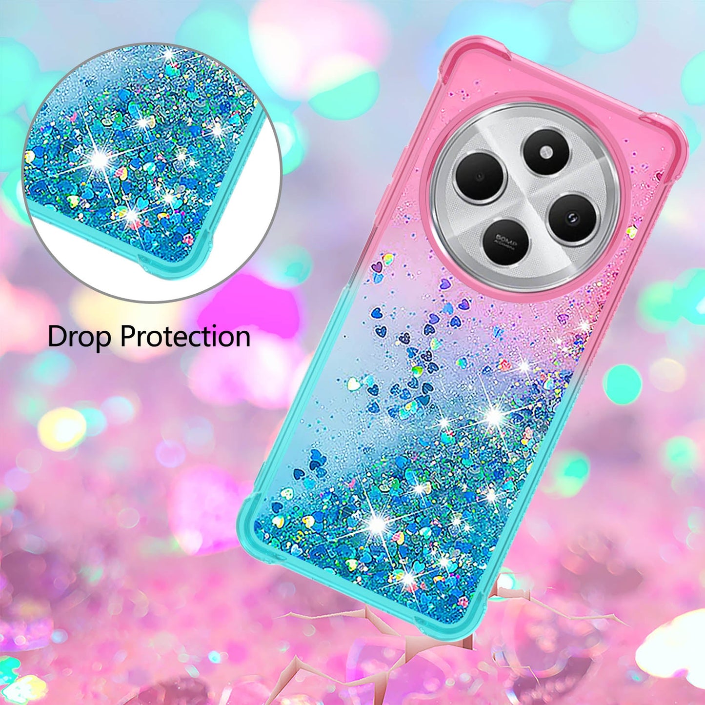 For Xiaomi Redmi 14R 5G / Xiaomi Poco C75 4G / Xiaomi Redmi 14C 4G Case YB Quicksand Series-3  Gradient Quicksand TPU Phone Cover - Pink+Sky Blue