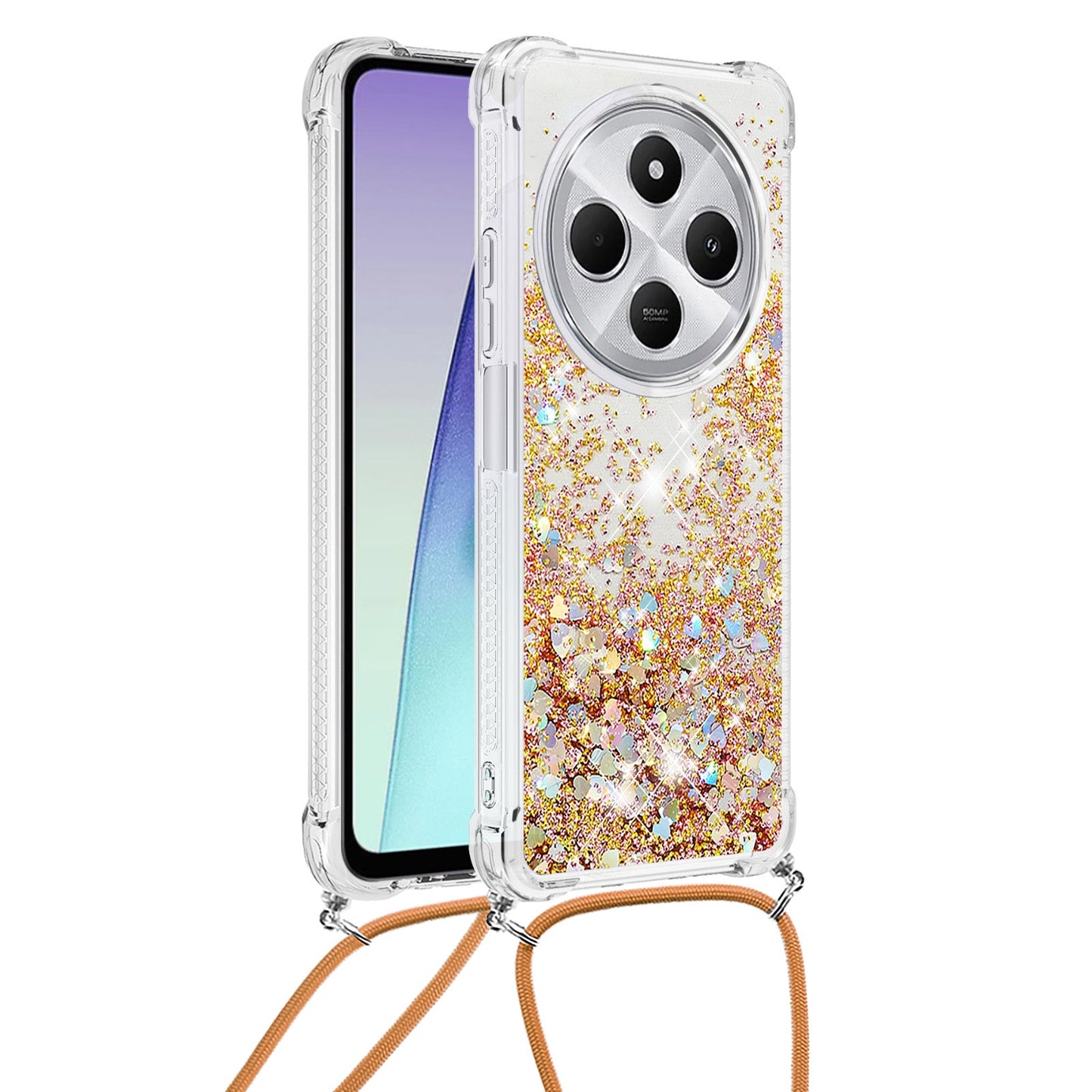 For Xiaomi Redmi 14R 5G / Xiaomi Poco C75 4G / Xiaomi Redmi 14C 4G Case Quicksand TPU Phone Cover - Gold / Hearts