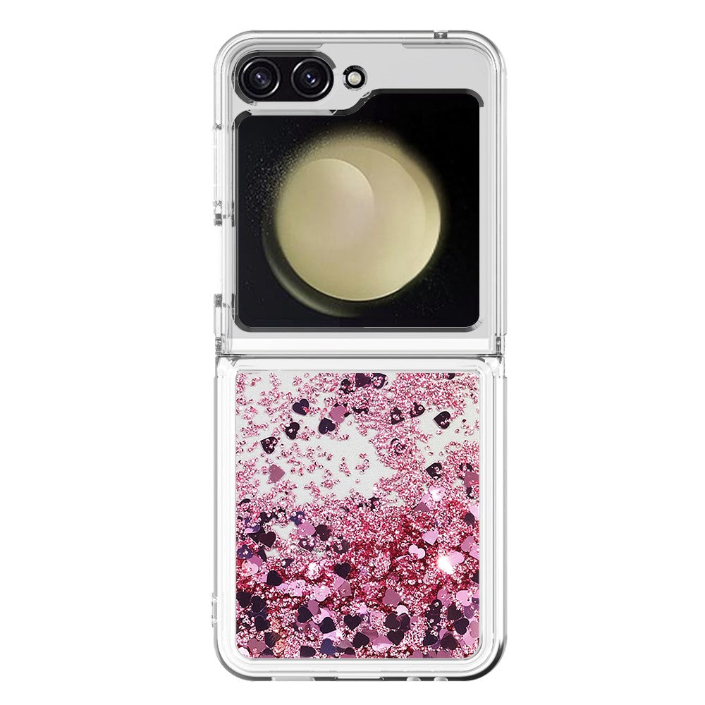 For Samsung Galaxy Z Flip7 FE 5G / Z Flip6 5G TPU Case Glitter Quicksand Shockproof Phone Back Cover - Rose Gold / Hearts
