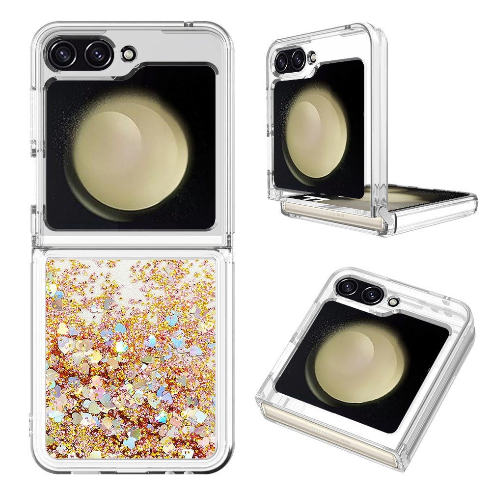 For Samsung Galaxy Z Flip7 FE 5G / Z Flip6 5G TPU Case Glitter Quicksand Shockproof Phone Back Cover - Gold / Hearts