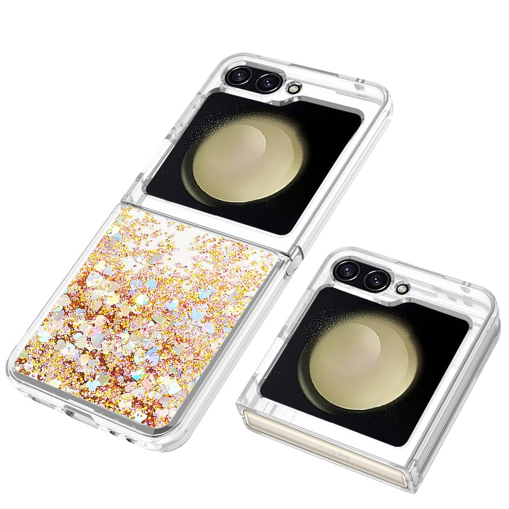 For Samsung Galaxy Z Flip7 FE 5G / Z Flip6 5G TPU Case Glitter Quicksand Shockproof Phone Back Cover - Gold / Hearts
